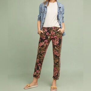 Anthropologie Floral Print Straight-Leg Trousers in Black and Pink